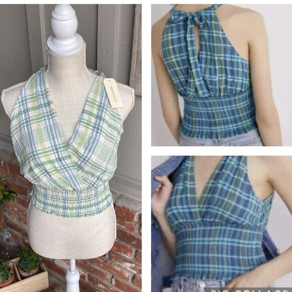 Monteau Tops - NWT Monteau Boho Plaid Smoked Halter Tie Tank Top Size: M